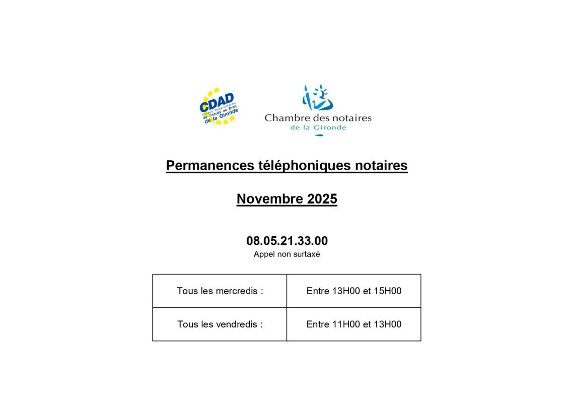 CDAD Gironde - Calendrier de la plateforme téléphonique des notaires de la Gironde du mois de Novembre 2025