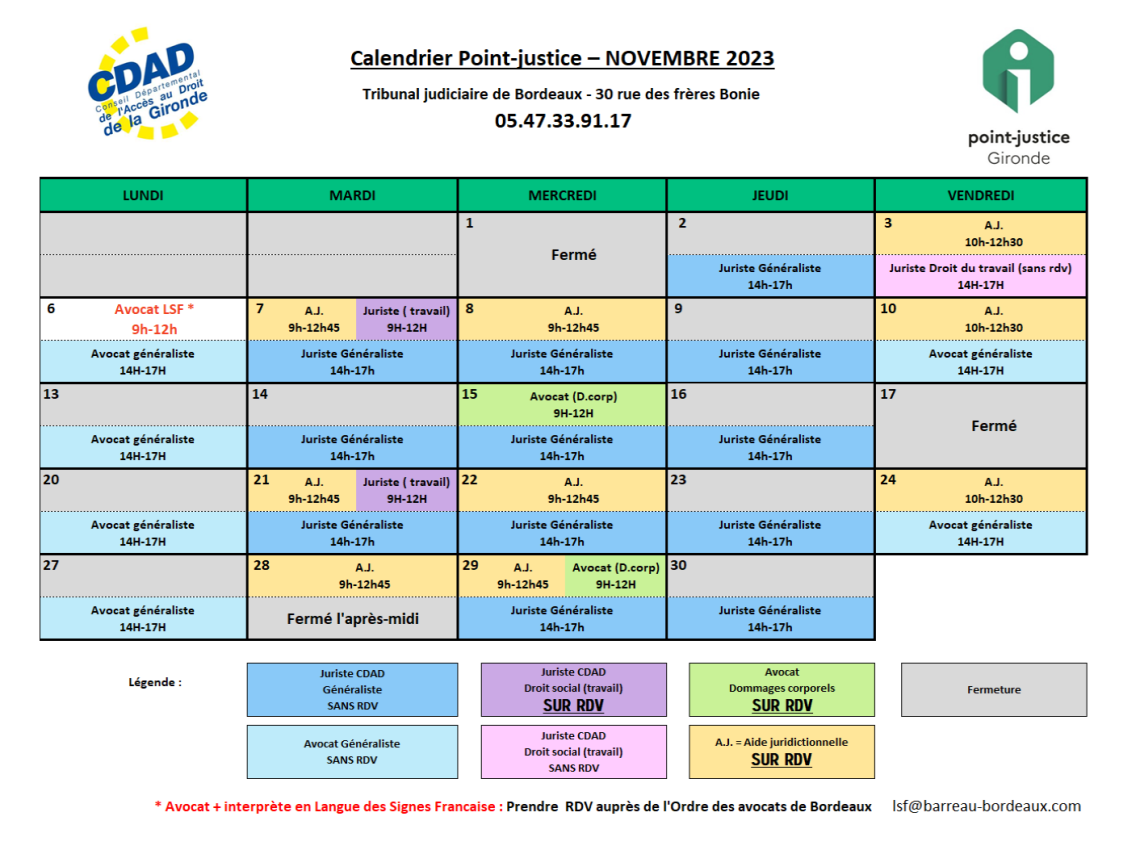 CDAD Gironde - Calendrier des permanences du mois de Novembre du Point-justice du Tribunal judiciaire de Bordeaux !
