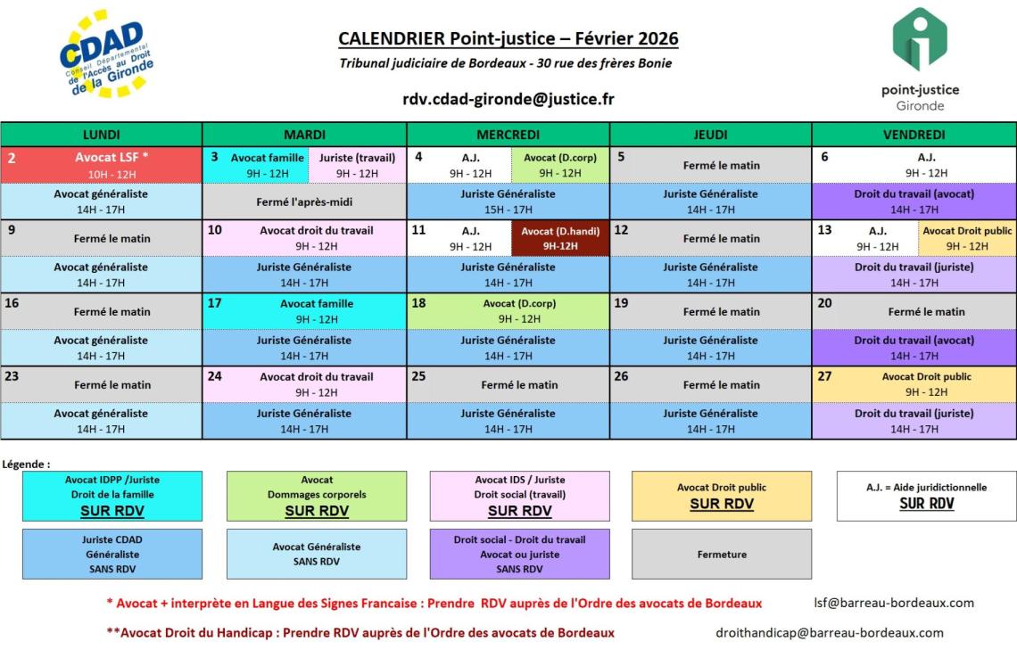 CDAD Gironde - Calendrier des permanences du mois de Février 2026 du Point-justice du Tribunal judiciaire de Bordeaux !