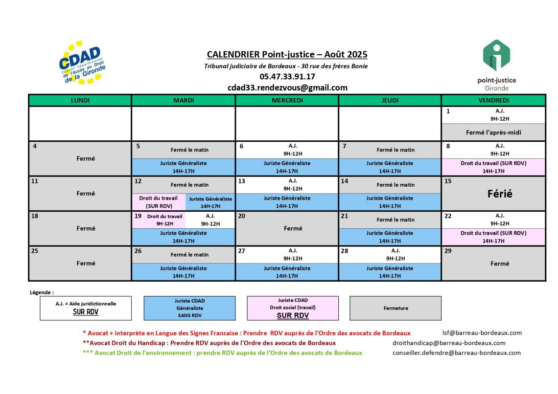 CDAD Gironde - Calendrier des permanences du mois d'Août 2025 du Point-justice du Tribunal judiciaire de Bordeaux !