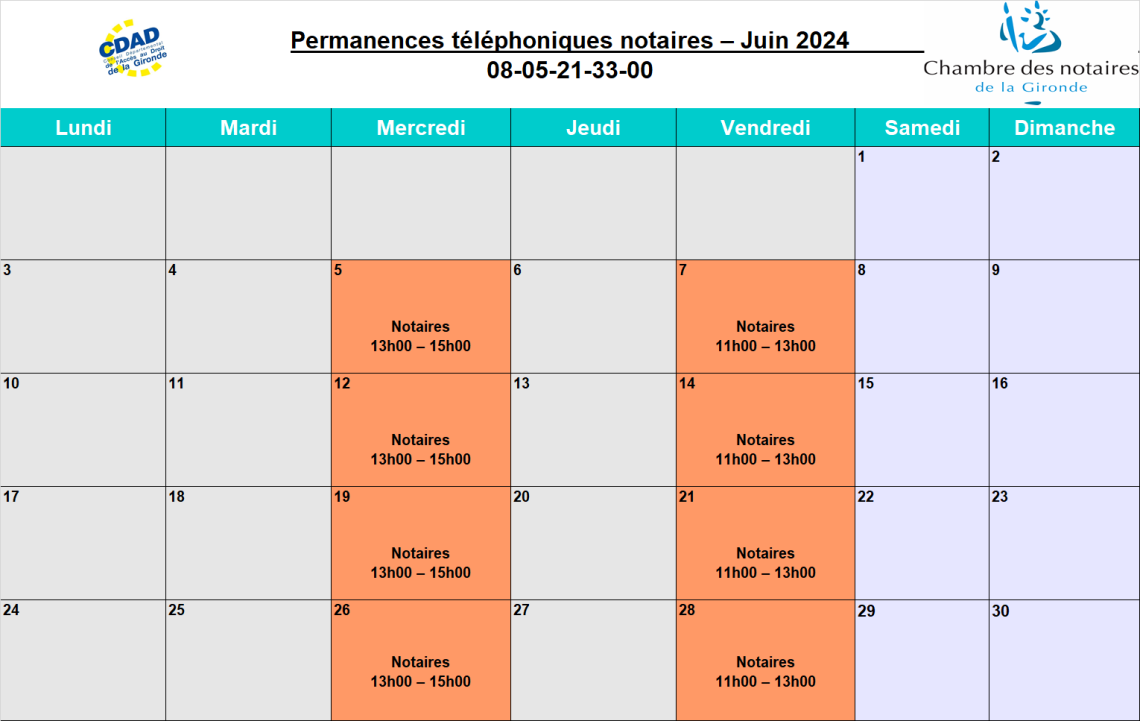 CDAD Gironde - Calendrier de la plateforme téléphonique des notaires de la Gironde du mois de Juin 2024