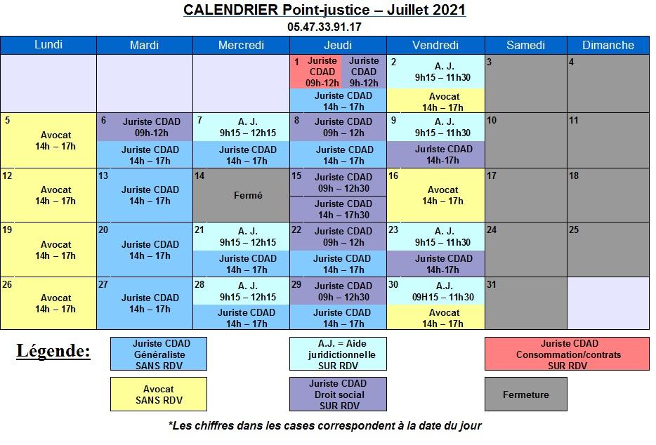 CDAD Gironde - Calendrier de juillet du Point-justice du Tribunal judiciaire de Bordeaux