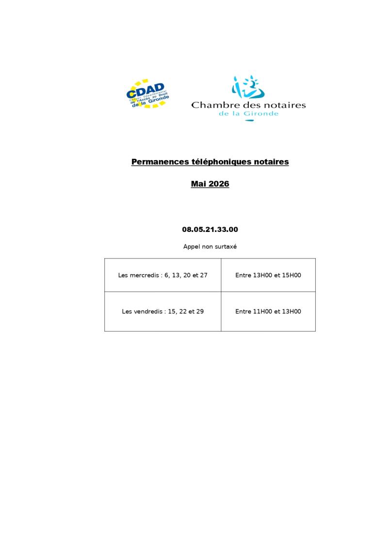 CDAD Gironde - Calendrier de la plateforme téléphonique des notaires de la Gironde du mois de Mai 2026