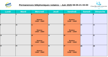 Calendrier de la plateforme téléphonique des notaires de la Gironde du mois de Juin 2025