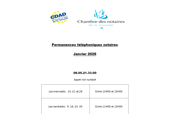 Calendrier de la plateforme téléphonique des notaires de la Gironde du mois de Janvier 2026