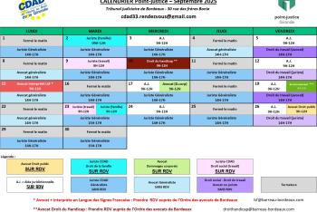Calendrier des permanences du mois de Septembre 2025 du Point-justice du Tribunal judiciaire de Bordeaux !