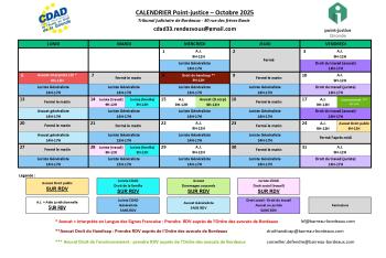 Calendrier des permanences du mois d'Octobre 2025 du Point-justice du Tribunal judiciaire de Bordeaux !