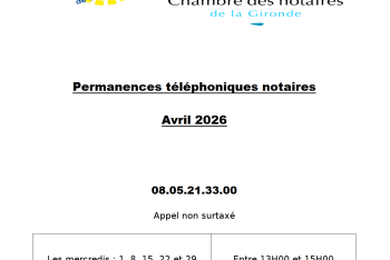 Calendrier de la plateforme téléphonique des notaires de la Gironde du mois d'Avril 2026
