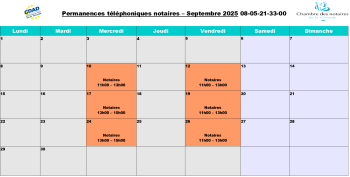 Calendrier de la plateforme téléphonique des notaires de la Gironde du mois de Septembre 2025
