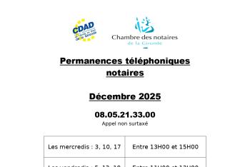 Calendrier de la plateforme téléphonique des notaires de la Gironde du mois de Décembre 2025