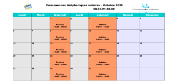 Calendrier de la plateforme téléphonique des notaires de la Gironde du mois d'Octobre 2025