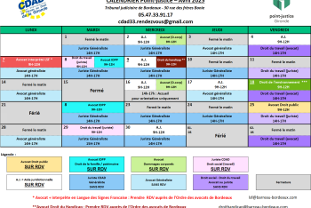 Calendrier des permanences du mois d'Avril 2025 du Point-justice du Tribunal judiciaire de Bordeaux !
