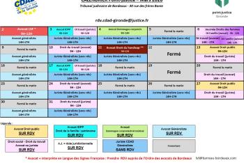 Calendrier des permanences du mois de Mars 2026 du Point-justice du Tribunal judiciaire de Bordeaux !