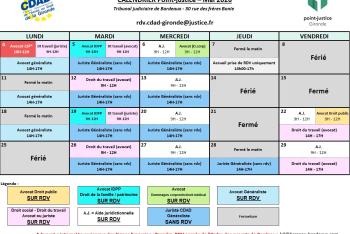 Calendrier des permanences du mois de Mai 2026 du Point-justice du Tribunal judiciaire de Bordeaux !