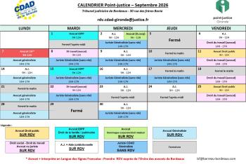 Calendrier des permanences du mois de Septembre 2026 du Point-justice du Tribunal judiciaire de Bordeaux !