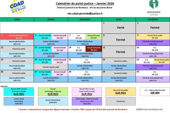 Calendrier des permanences du mois de Janvier 2026 du Point-justice du Tribunal judiciaire de Bordeaux !