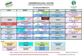 Calendrier des permanences du mois d'Avril 2026 du Point-justice du Tribunal judiciaire de Bordeaux !