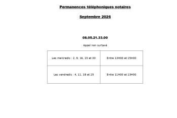 Calendrier de la plateforme téléphonique des notaires de la Gironde du mois de Septembre 2026