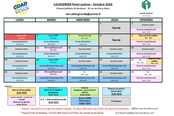 Calendrier des permanences du mois de Octobre 2026 du Point-justice du Tribunal judiciaire de Bordeaux !