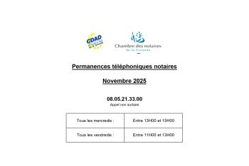 Calendrier de la plateforme téléphonique des notaires de la Gironde du mois de Novembre 2025