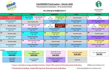 Calendrier des permanences du mois de Février 2026 du Point-justice du Tribunal judiciaire de Bordeaux !