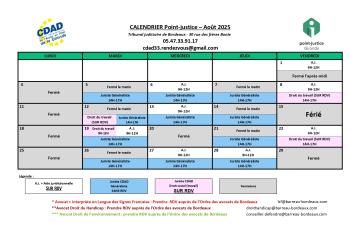 Calendrier des permanences du mois d'Août 2025 du Point-justice du Tribunal judiciaire de Bordeaux !