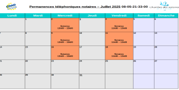 Calendrier de la plateforme téléphonique des notaires de la Gironde du mois de Juillet 2025