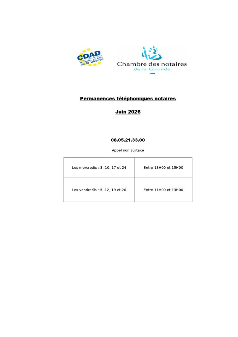CDAD Gironde - Calendrier de la plateforme téléphonique des notaires de la Gironde du mois de Juin 2026