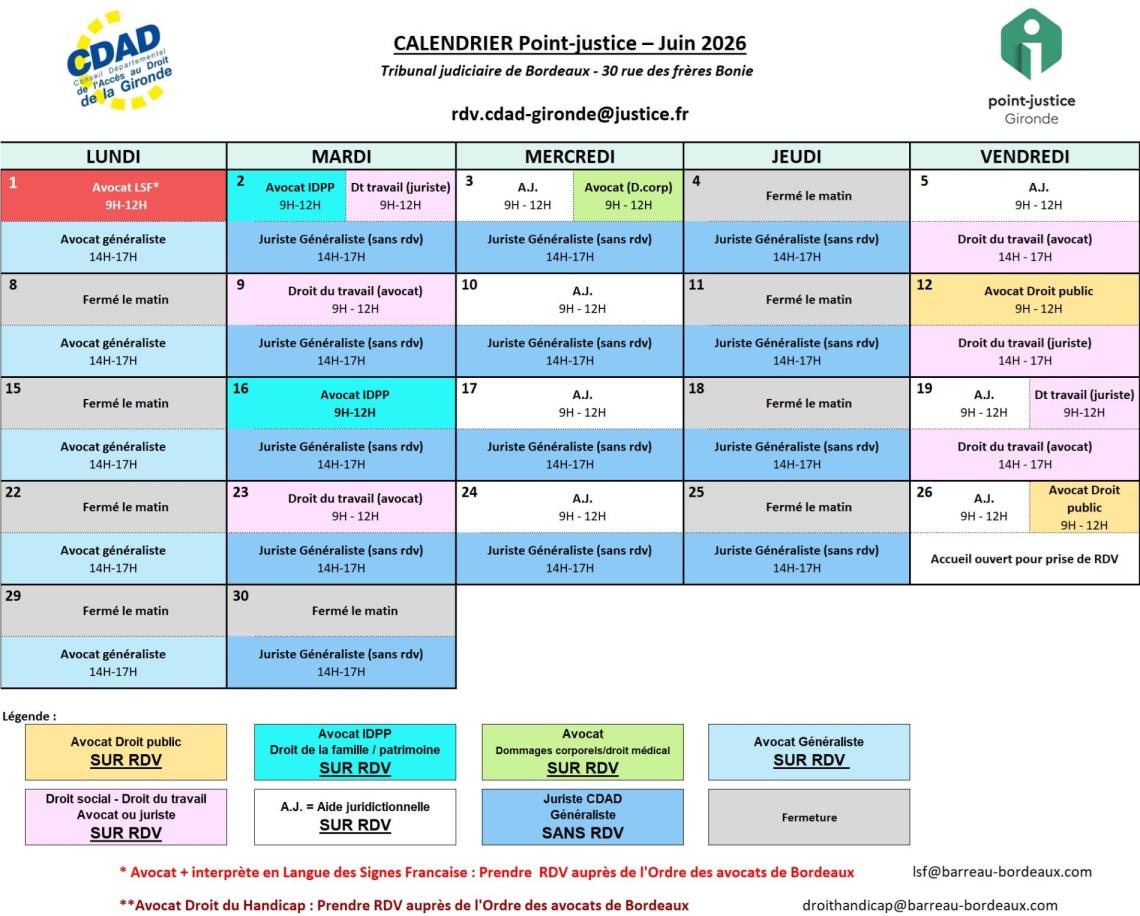 CDAD Gironde - Calendrier des permanences du mois de Juin 2026 du Point-justice du Tribunal judiciaire de Bordeaux !